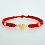Pulsera Tejida Roja Corazón Bolas Diamantadas Oro Amarillo 18K