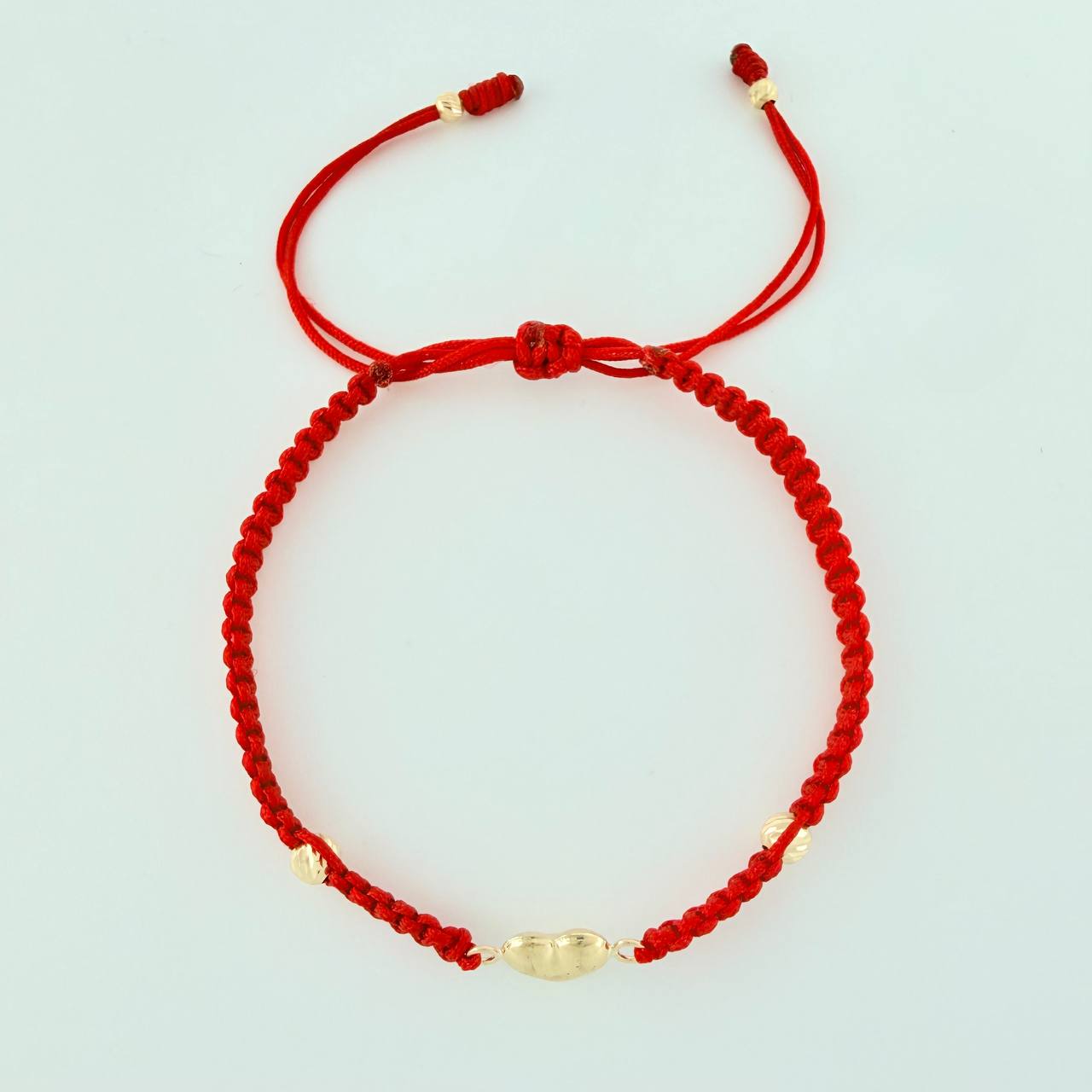 Pulsera Tejida Roja Corazón Bolas Diamantadas Oro Amarillo 18K