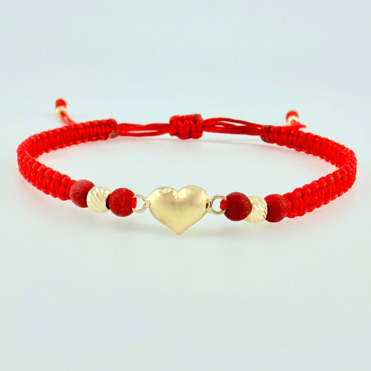 Pulsera Tejida Roja Corazón Bolas Diamantadas Oro Amarillo 18K