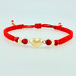 Pulsera Tejida Roja Corazón Bolas Diamantadas Oro Amarillo 18K