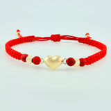 Pulsera Tejida Roja Corazón Bolas Diamantadas Oro Amarillo 18K