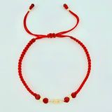 Pulsera Tejida Roja Corazón Bolas Diamantadas Oro Amarillo 18K