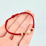 Pulsera Tejida Roja Corazón Bolas Diamantadas Oro Amarillo 18K