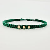 Pulsera Tejida Verde Bolas Lisas Oro Amarillo 18K