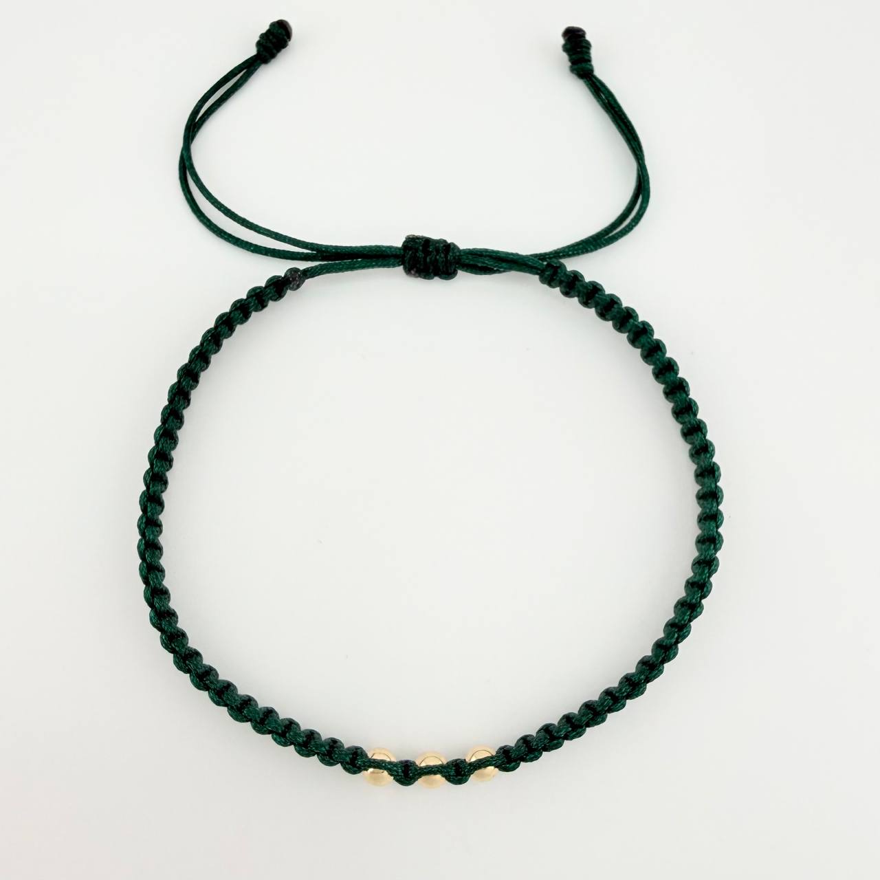Pulsera Tejida Verde Bolas Lisas Oro Amarillo 18K