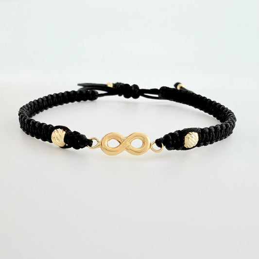 Pulsera Tejida Negra Infinito Bolas Diamantadas Oro Amarillo 18K