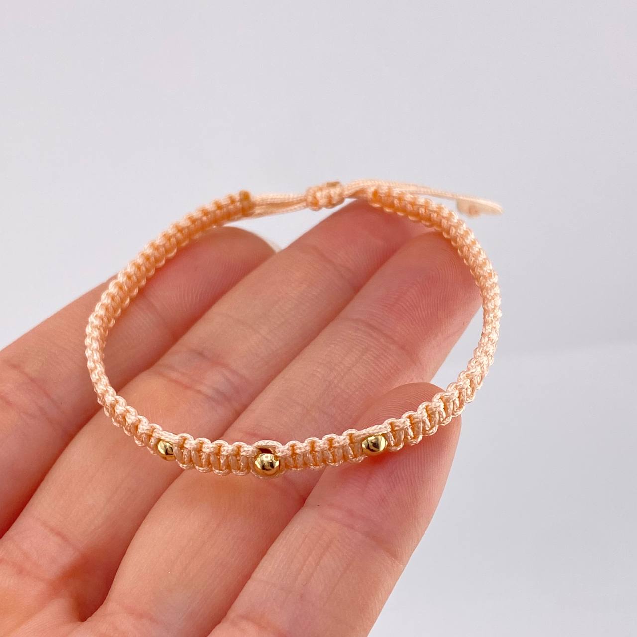 Pulsera Tejida Rosa Bolas Lisas Oro Amarillo 18K