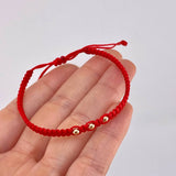 Pulsera Tejida Roja Bolas Lisas Oro Amarillo 18K