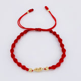 Pulsera Tejida Roja Corazón Bolas Diamantadas Oro Amarillo 18K