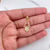 Dije Mano Hamsa 1.5gr / 2.4cm / Corazon Circones Fucsias Blancos Oro Amarillo 18K &