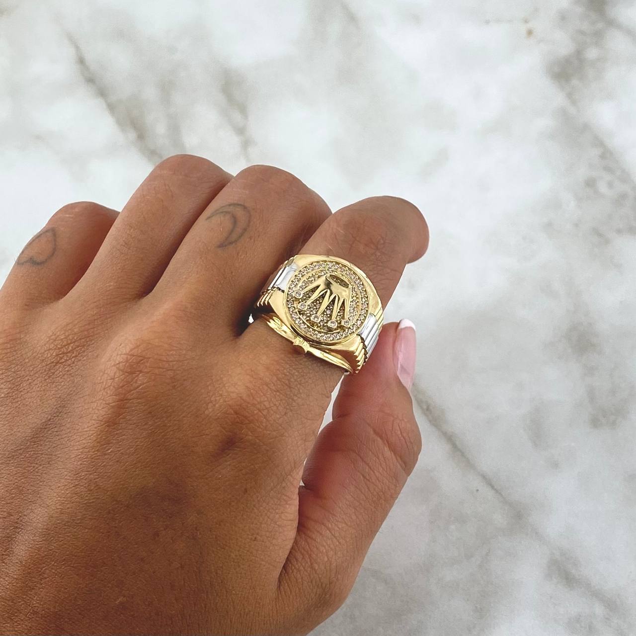 Anillo Sello Corona Rx 11.8gr / T10 / Circones Blancos Dos Oros Amarillo Blanco 18K ©