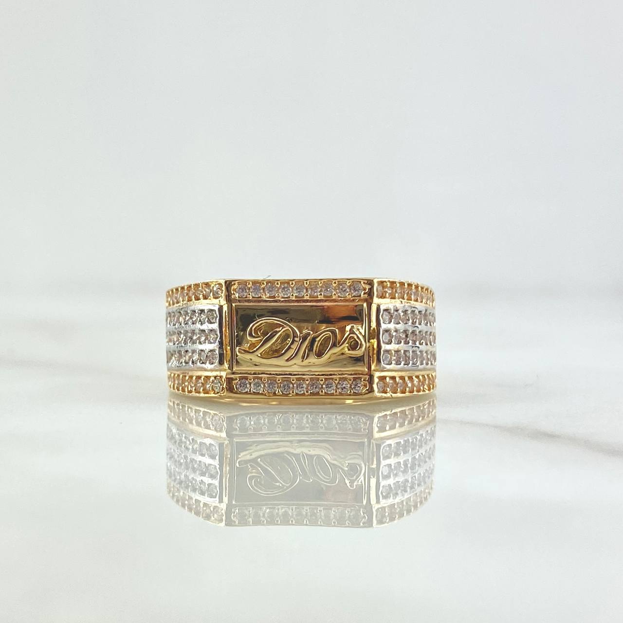 Anillo Sello Dios 8gr / T10 / Circones Blancos Dos Oros Amarillo Blanco 18K ©