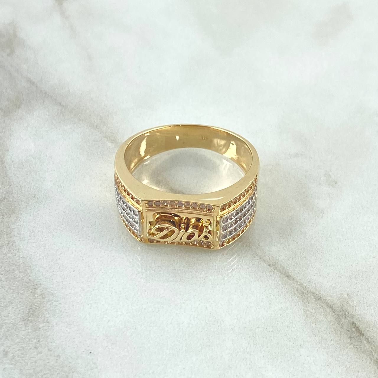 Anillo Sello Dios 8gr / T10 / Circones Blancos Dos Oros Amarillo Blanco 18K ©
