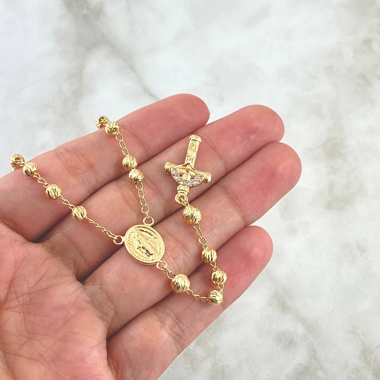 Rosario Virgen Milagrosa 12.25gr / 60cm / 4mm-5mm Bolas Diamantadas Cruz Cristo Circones Blancos Oro Amarillo 18K