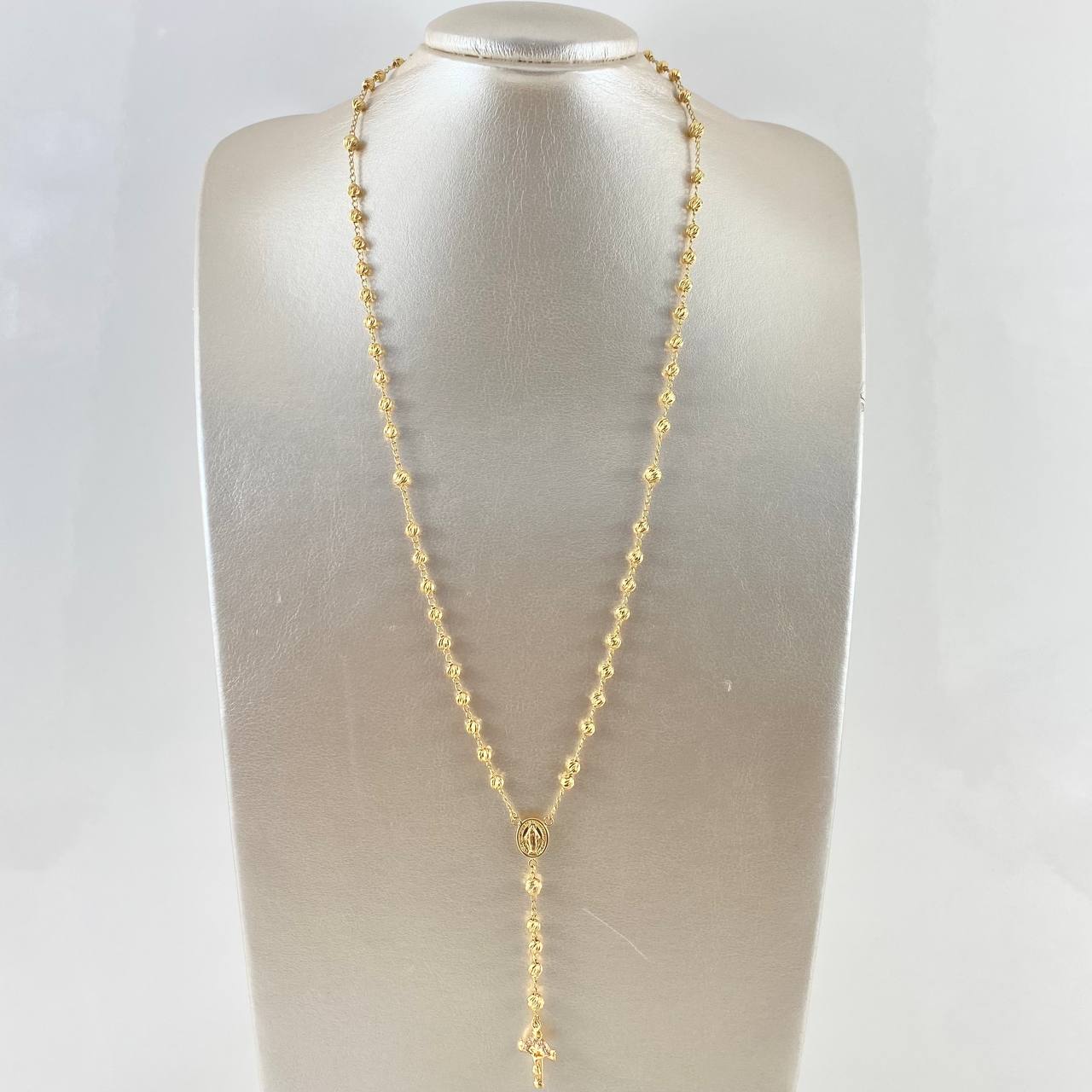 Rosario Virgen Milagrosa 12.25gr / 60cm / 4mm-5mm Bolas Diamantadas Cruz Cristo Circones Blancos Oro Amarillo 18K