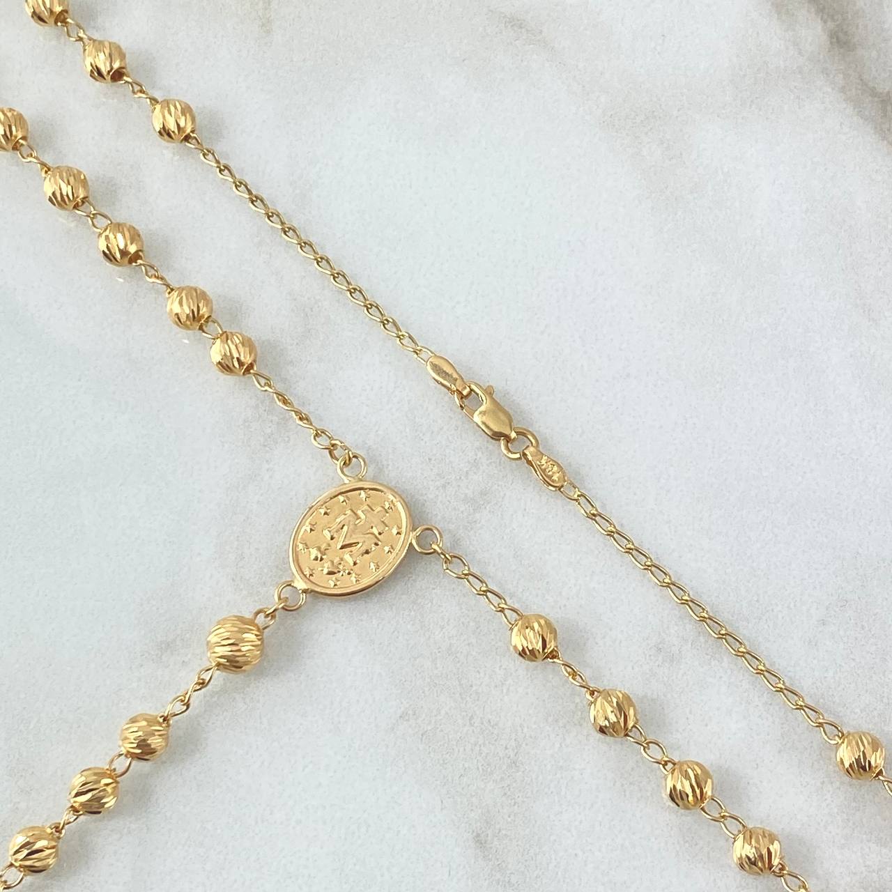 Rosario Virgen Milagrosa 12.05gr / 60cm / 4mm-5mm Bolas Diamantadas Cruz Cristo Oro Amarillo 18K