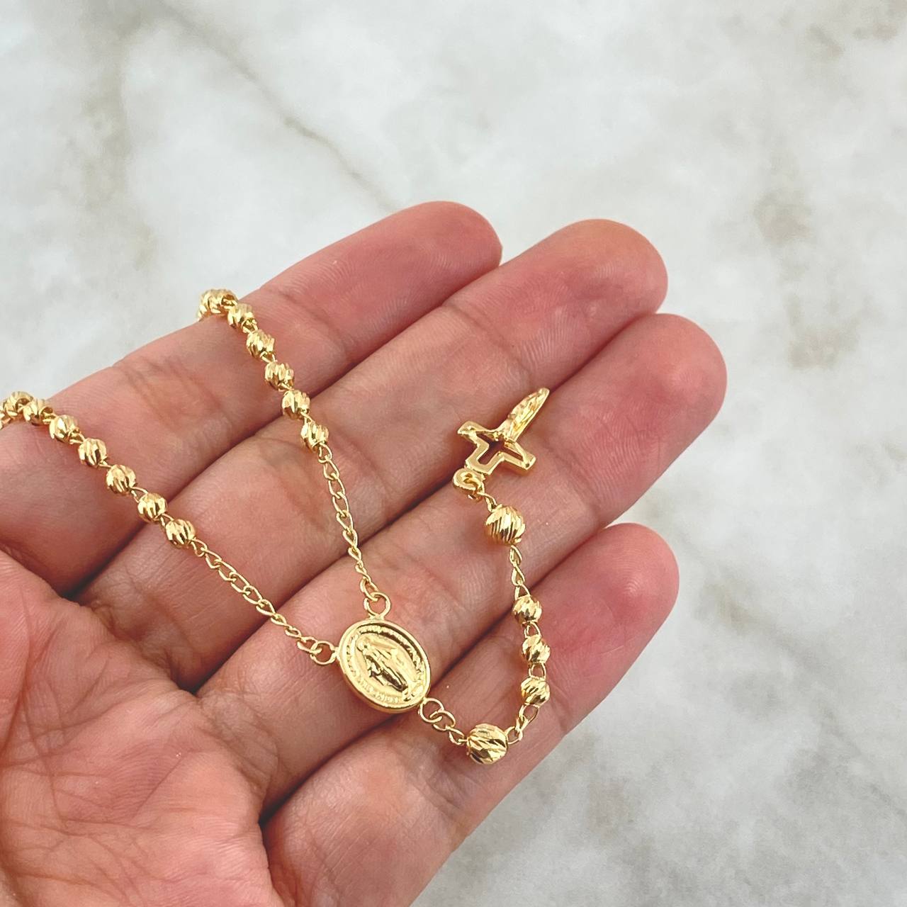 Rosario Virgen Milagrosa 7.95gr / 50cm / 3mm-4mm Bolas Diamantadas Cruz Cristo Oro Amarillo 18K