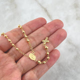 Rosario Virgen Milagrosa 7.8gr / 47.5cm / 3mm-4mm Bolas Lisas Cruz Marco Circones Blancos Oro Amarillo 18K
