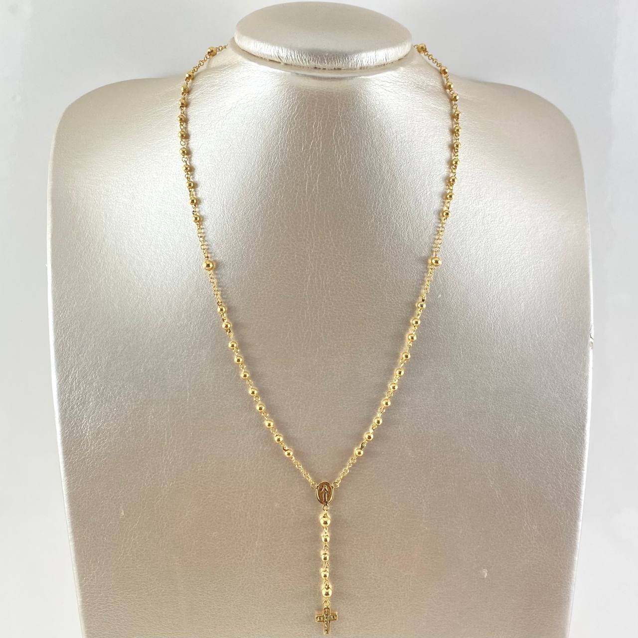 Rosario Virgen Milagrosa Cruz 7.8gr / 45 cm / 3mm 4mm Circones Blancos Bolas Lisas Oro Amarillo 18K *