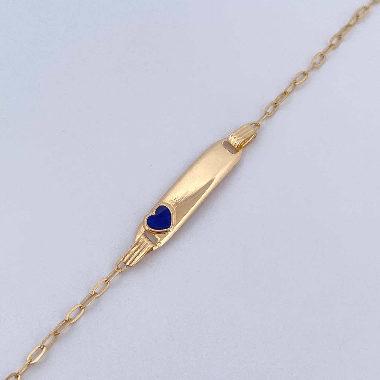 Pulso Bebé Cajon Corazon Azul 1.4gr / 13cm-14.1cm / 1.5mm Placa Rectangular Curva Oro Amarillo 18K &