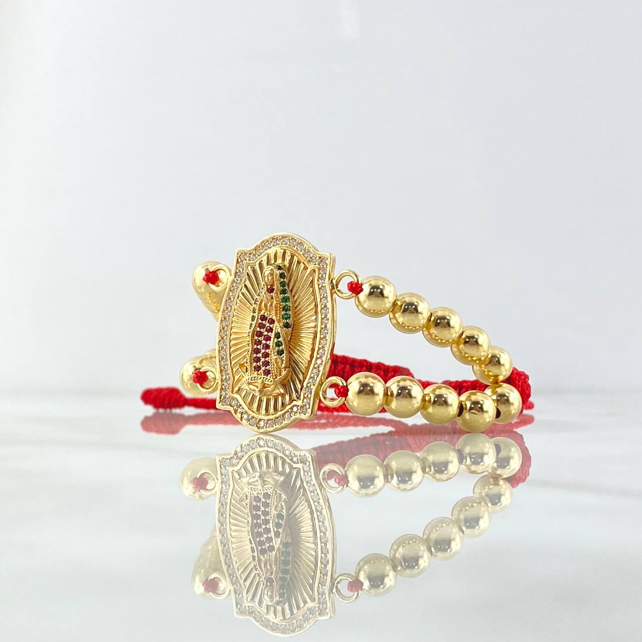 Pulsera Roja Virgen Guadalupe Doble 12gr / 6mm Bolas Lisas 20und Circones Fucsia Verde Oro Amarillo 18K ©
