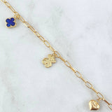 Pulso Cajón 4.4gr / 18cm / "Corazón-Trebol Azul- Oso- Corazón-Trebol Azul " Oro Amarillo 18K ©