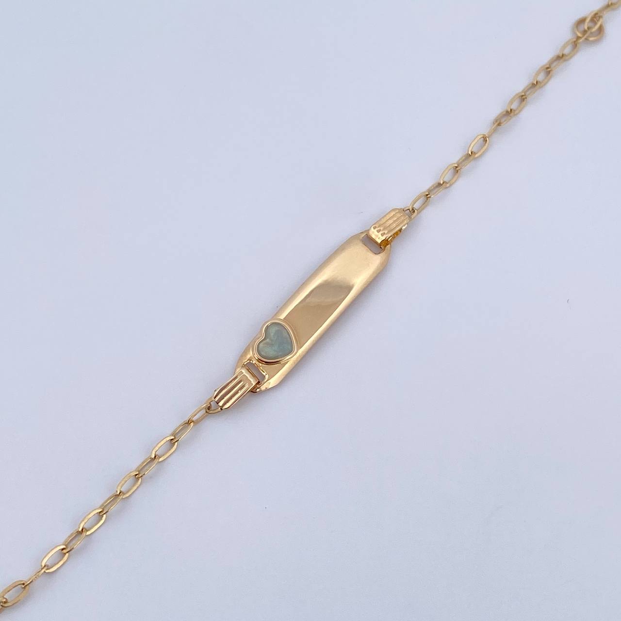 Pulso Bebé Cajon Corazon Azul 1.4gr / 12.8cm-14.5cm / 1.5mm Placa Rectangular Curva Oro Amarillo 18K &