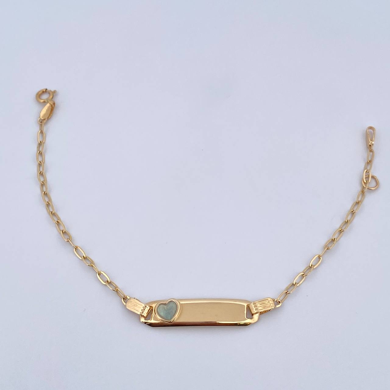 Pulso Bebé Cajon Corazon Azul 1.4gr / 12.8cm-14.5cm / 1.5mm Placa Rectangular Curva Oro Amarillo 18K &