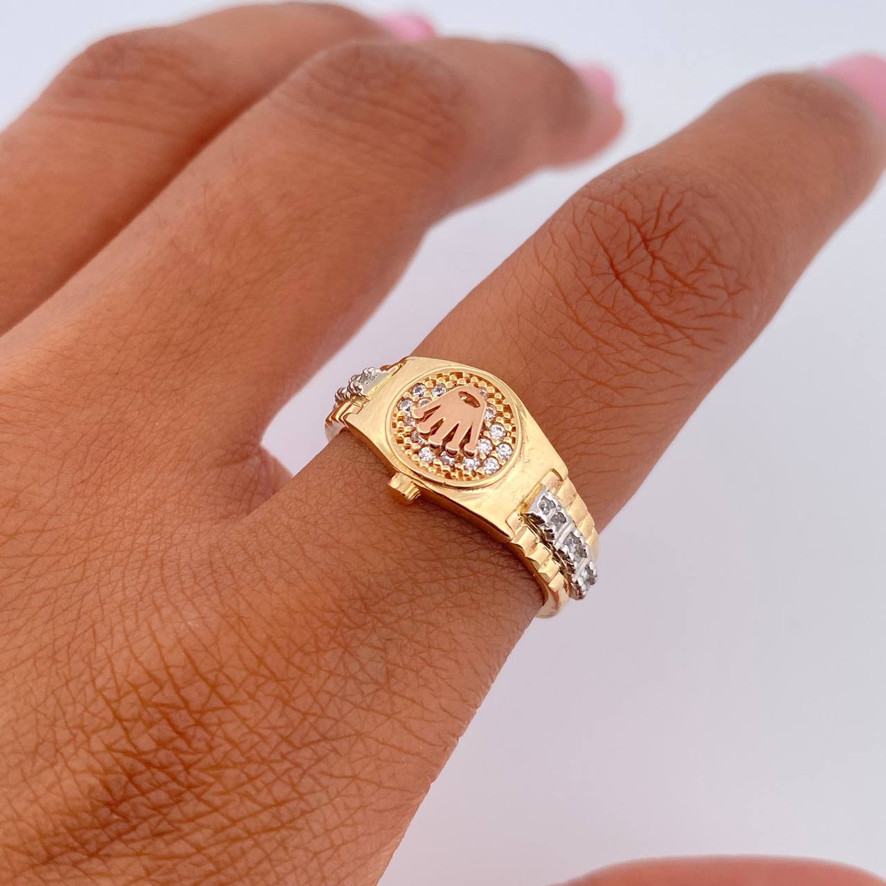 Anillo Correa Corona RX 4.65gr / T6 1/4 / Circones Blancos Tres Oros 18K &