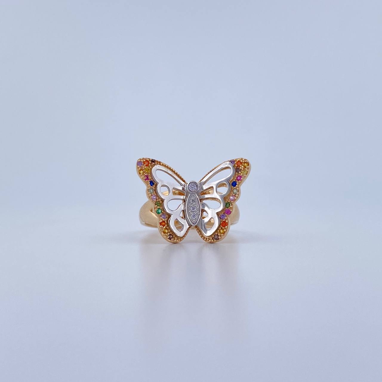 Anillo Mariposa 4.8gr / T7 1/2 / Circones Colores Dos Oros Amarillo Blanco 18K &