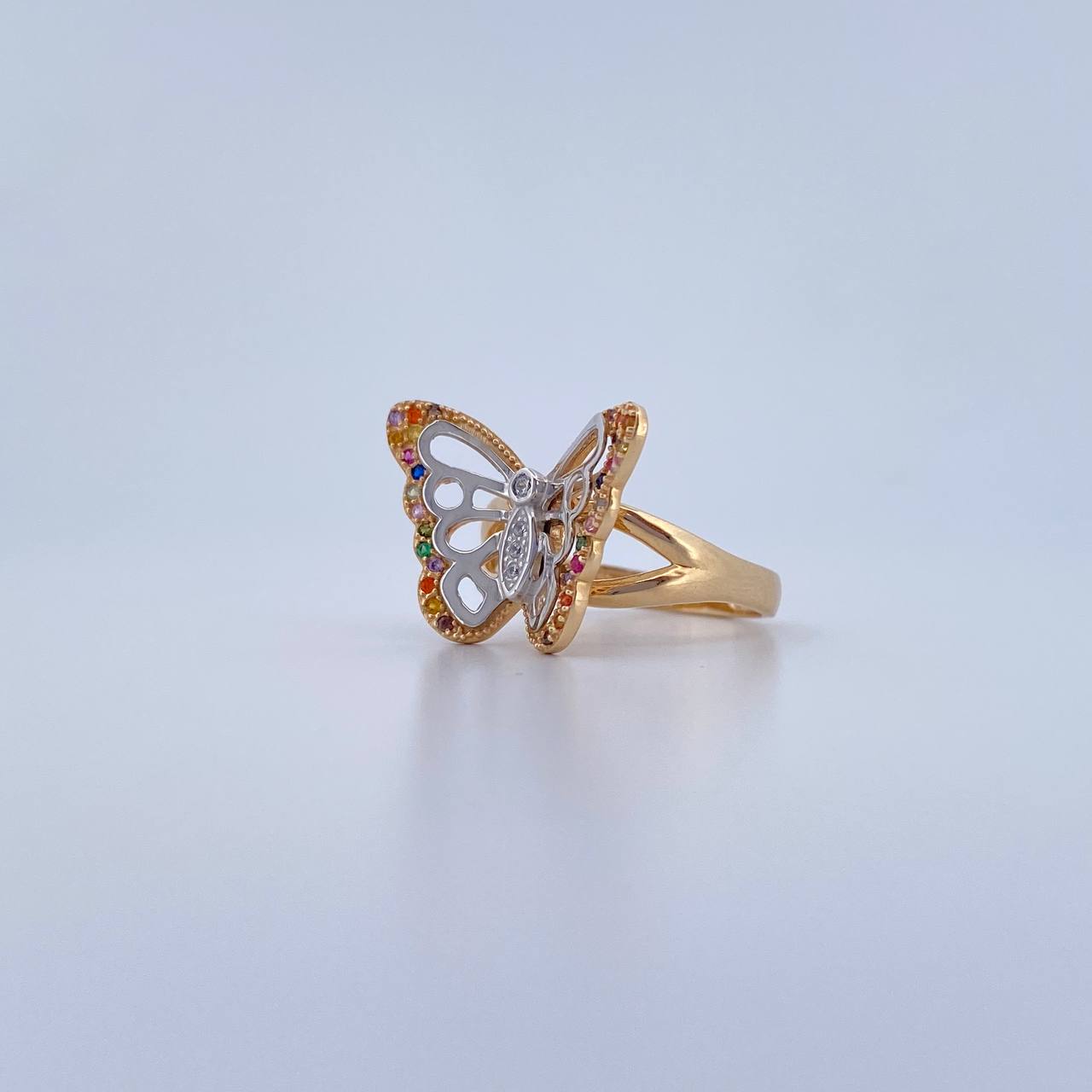Anillo Mariposa 4.8gr / T7 1/2 / Circones Colores Dos Oros Amarillo Blanco 18K &