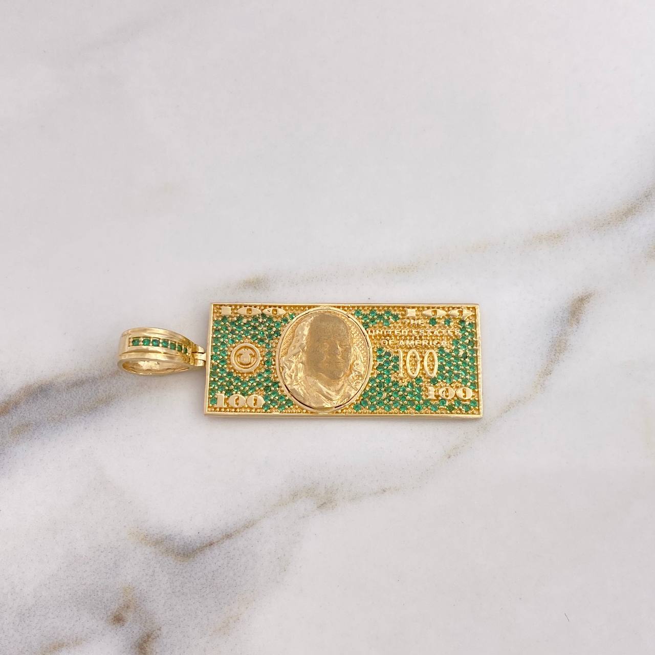 Dije 100 Dolares 9.2gr / 5cm / Circones Verdes Oro Amarillo 18K #