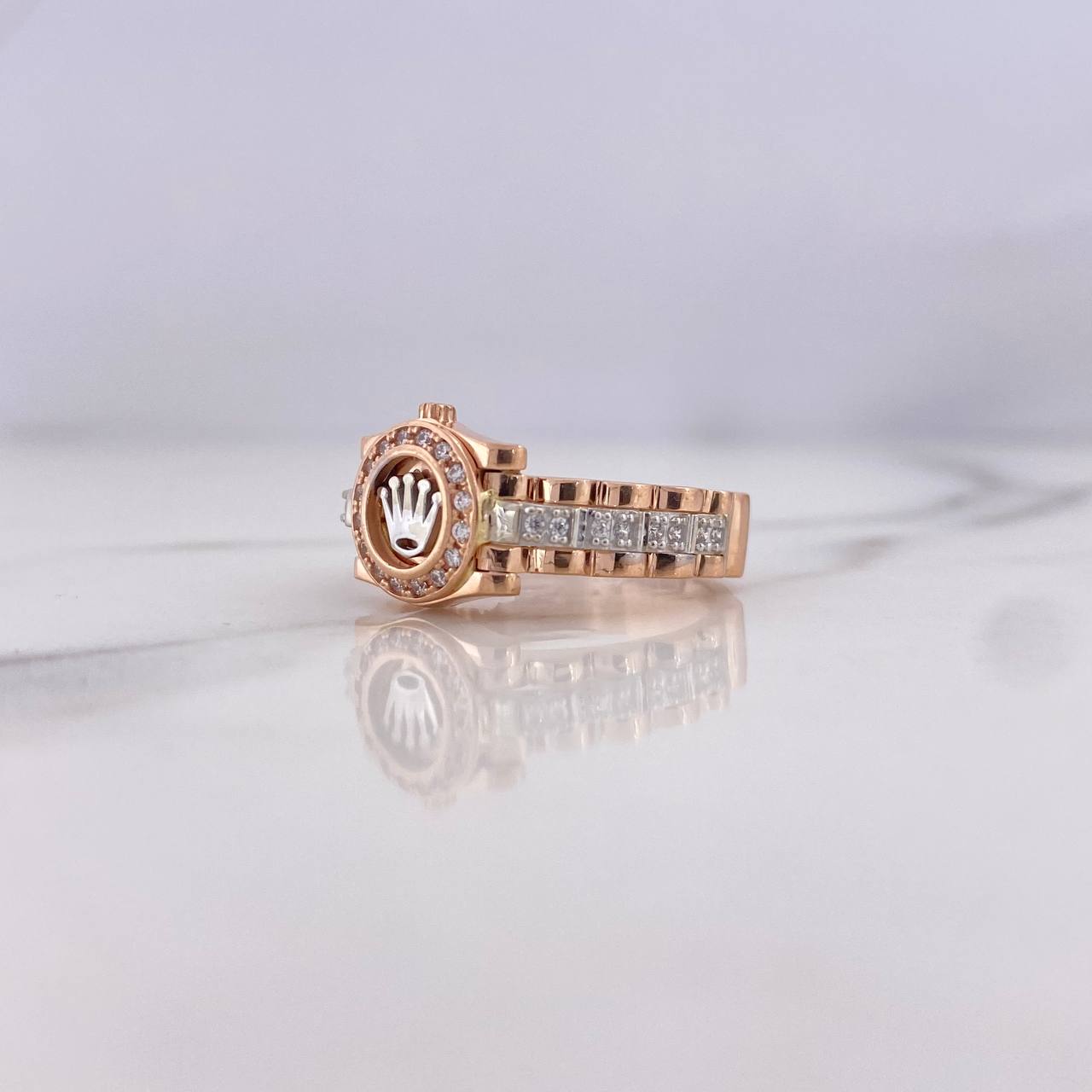Anillo Correa Corona RX 5.85gr / T5 1/2 / Circones Blancos Dos Oros Blanco Rosa 18K &