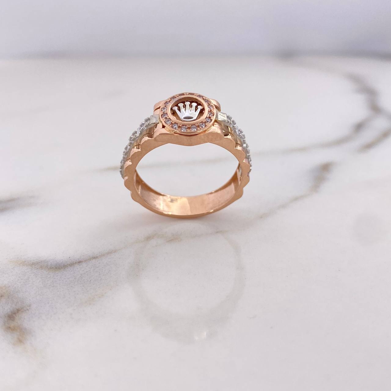 Anillo Correa Corona RX 6.15gr / T7 1/2 / Circones Blancos Dos Oros Blanco Rosa 18K &