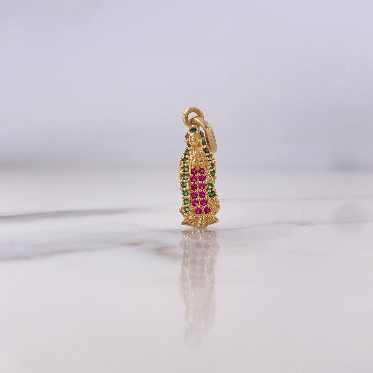 Dije Virgen Guadalupe 1.15gr / 2.9cm / Circones Verdes Fucsias Oro Amarillo 18K #