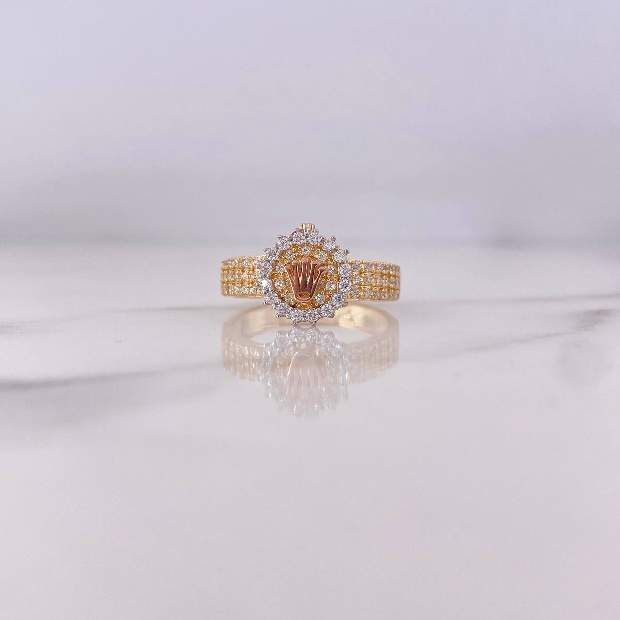 Anillo Corona RX 3.35gr / T6 1/2 / Circones Blancos Dos Oros Amarillo Rosa 18K #