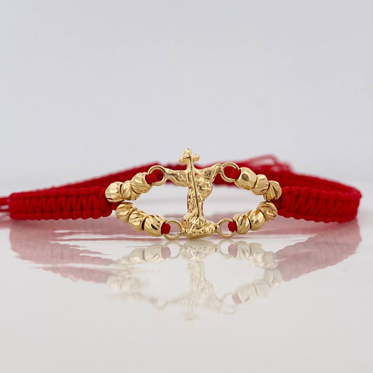Pulsera Tejida Roja San Miguel Arcángel Bolas Diamantadas Oro Amarillo 18K