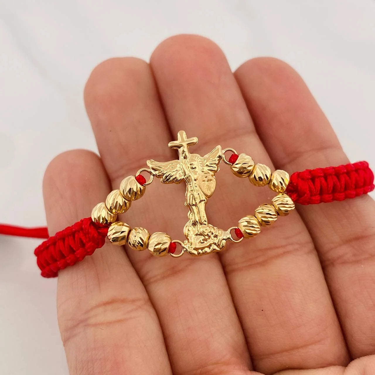 Pulsera Tejida Roja San Miguel Arcángel Oro Amarillo 18K