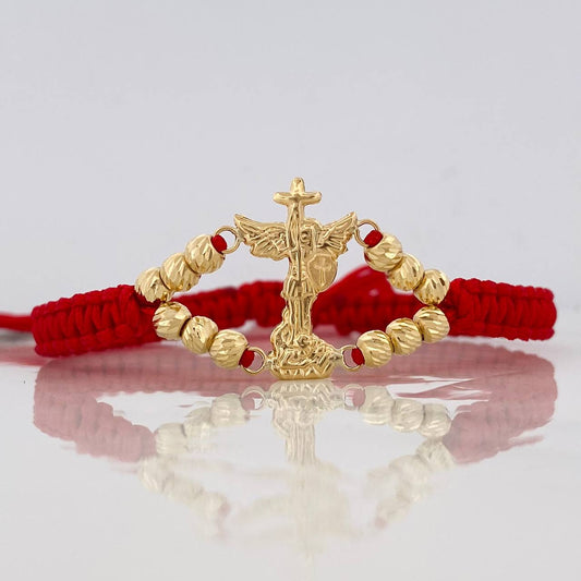 Pulsera Tejida Roja San Miguel Arcángel Bolas Diamantadas Oro Amarillo 18K