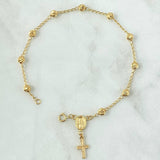 Pulso Denario Espiga 2.9gr / 19cm-4mm Bolas Diamantadas Virgen Milagrosa Cruz Oro Amarillo 18K