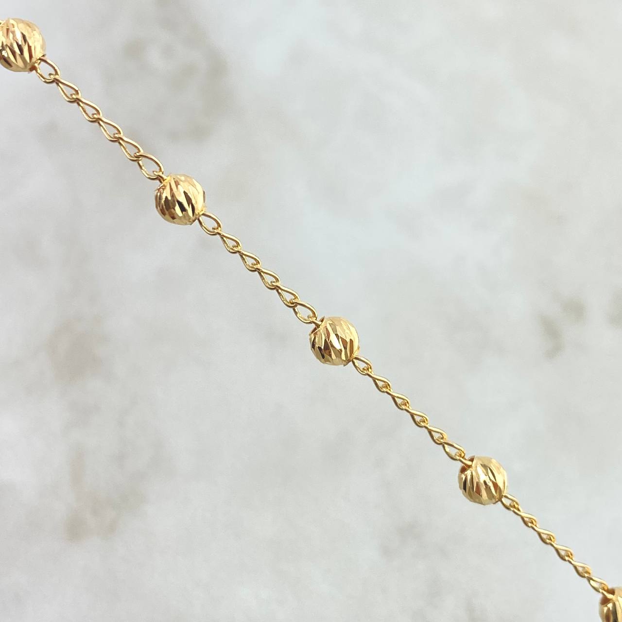 Pulso Denario Espiga 2.9gr / 19cm-4mm Bolas Diamantadas Virgen Milagrosa Cruz Oro Amarillo 18K