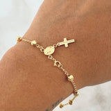 Pulso Denario Espiga 2.9gr / 19cm-4mm Bolas Diamantadas Virgen Milagrosa Cruz Oro Amarillo 18K
