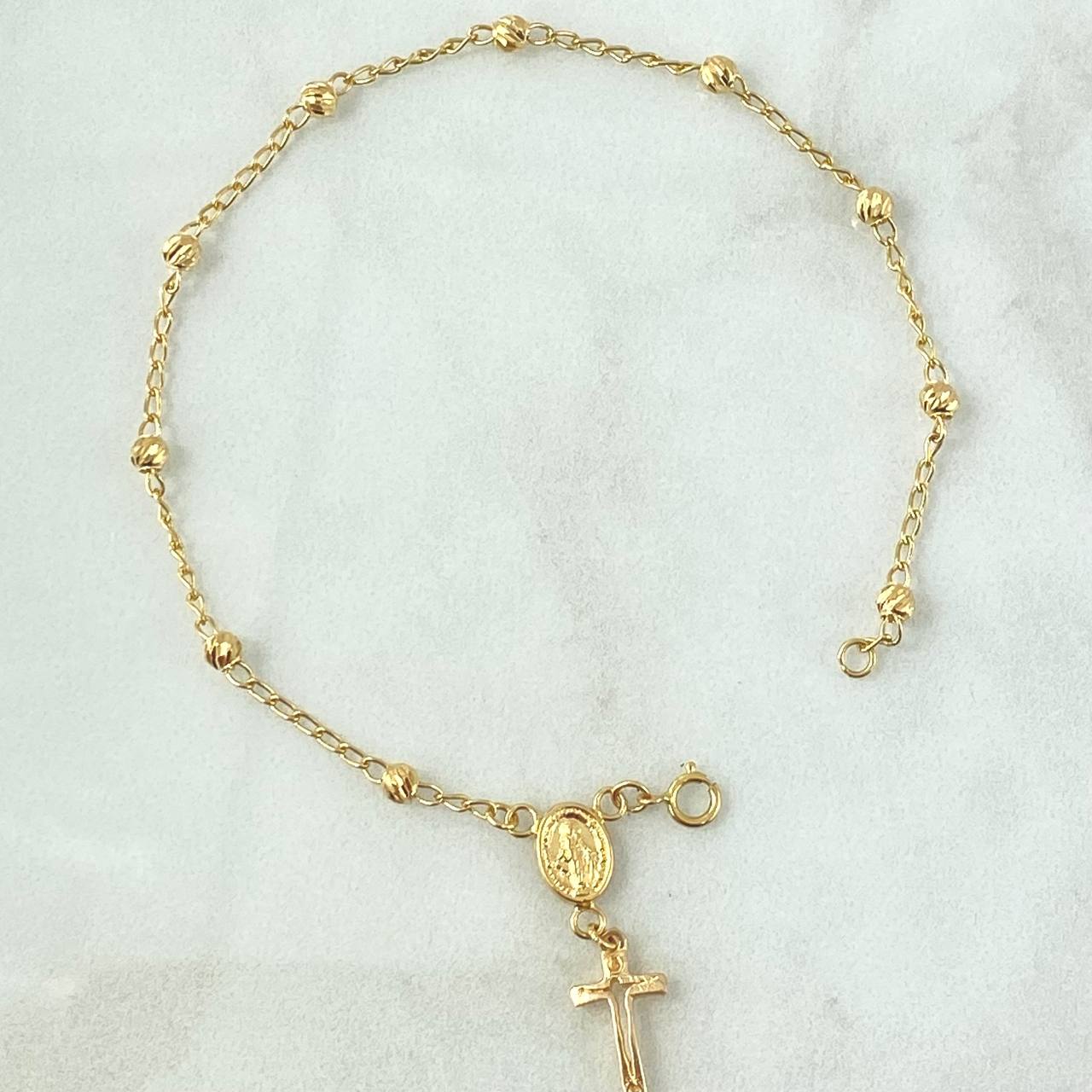 Pulso Denario Espiga 2.35gr / 18.5cm-3mm Bolas Diamantadas Virgen Milagrosa Cruz Oro Amarillo 18K