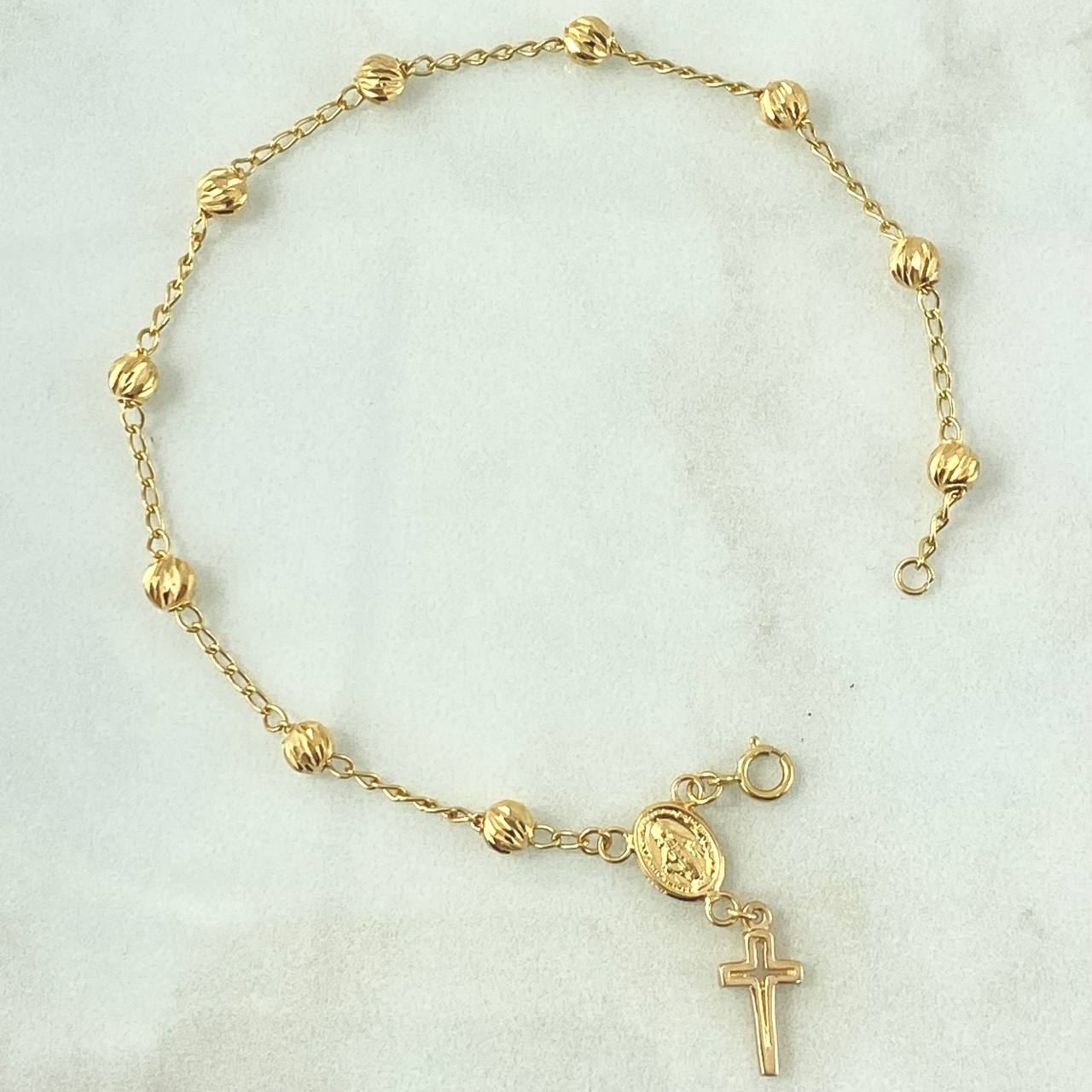 Pulso Denario Espiga 2.95gr / 18.5cm-4mm Bolas Diamantadas Virgen Milagrosa Cruz Oro Amarillo 18K