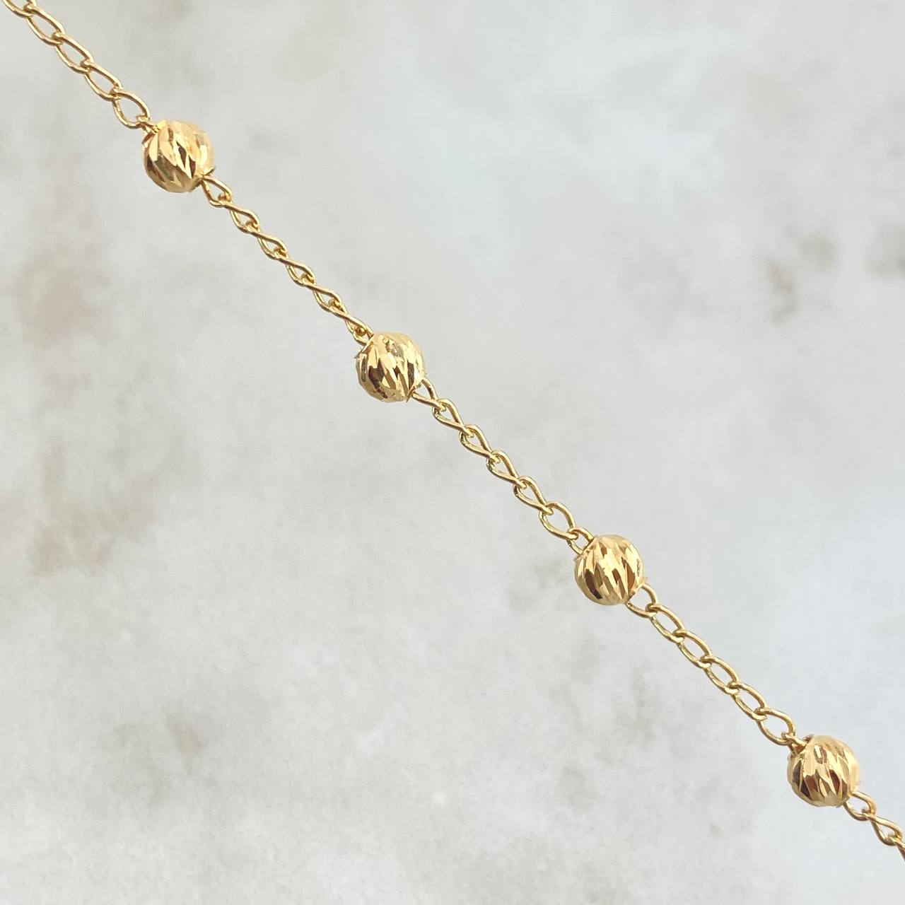 Pulso Denario Espiga 2.8gr / 18.5cm-4mm Bolas Diamantadas Virgen Milagrosa Cruz Oro Amarillo 18K