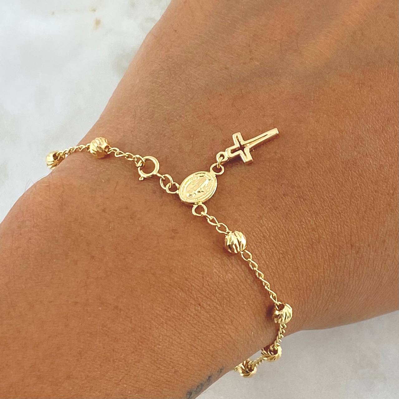 Pulso Denario Espiga 2.8gr / 18.5cm-4mm Bolas Diamantadas Virgen Milagrosa Cruz Oro Amarillo 18K