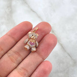 Dije Oso Corbatin Corazón 4.35gr / 2.6cm-Circones Blancos Fucsias Ojos Negros Oro Rosa 18K