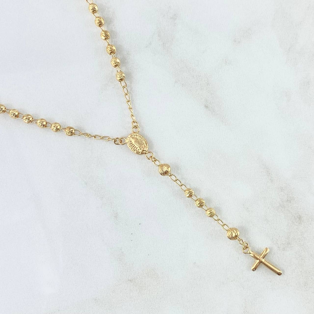 Rosario Virgen Guadalupe 7.4gr / 45cm / 3mm-4mm Bolas Diamantadas - Cruz Lisa Oro Amarillo 18K