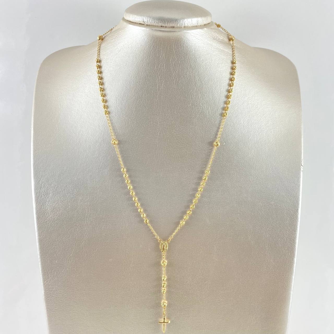 Rosario Virgen Guadalupe 7.4gr / 45cm / 3mm-4mm Bolas Diamantadas - Cruz Lisa Oro Amarillo 18K