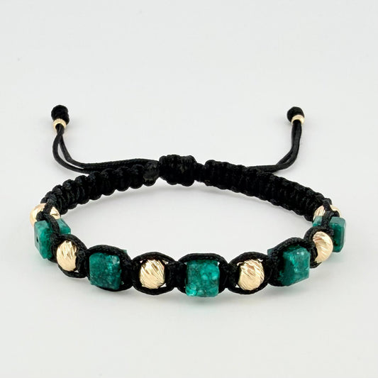 Pulsera Tejida Negra Morralla Esmeralda Cubica 5Und Bolas 8Und Oro Amarillo 18K